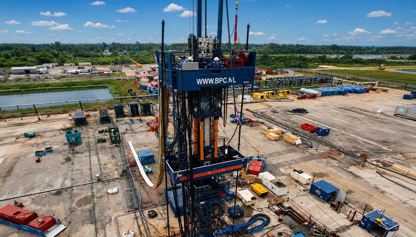Well services spread and workover rig seen from above